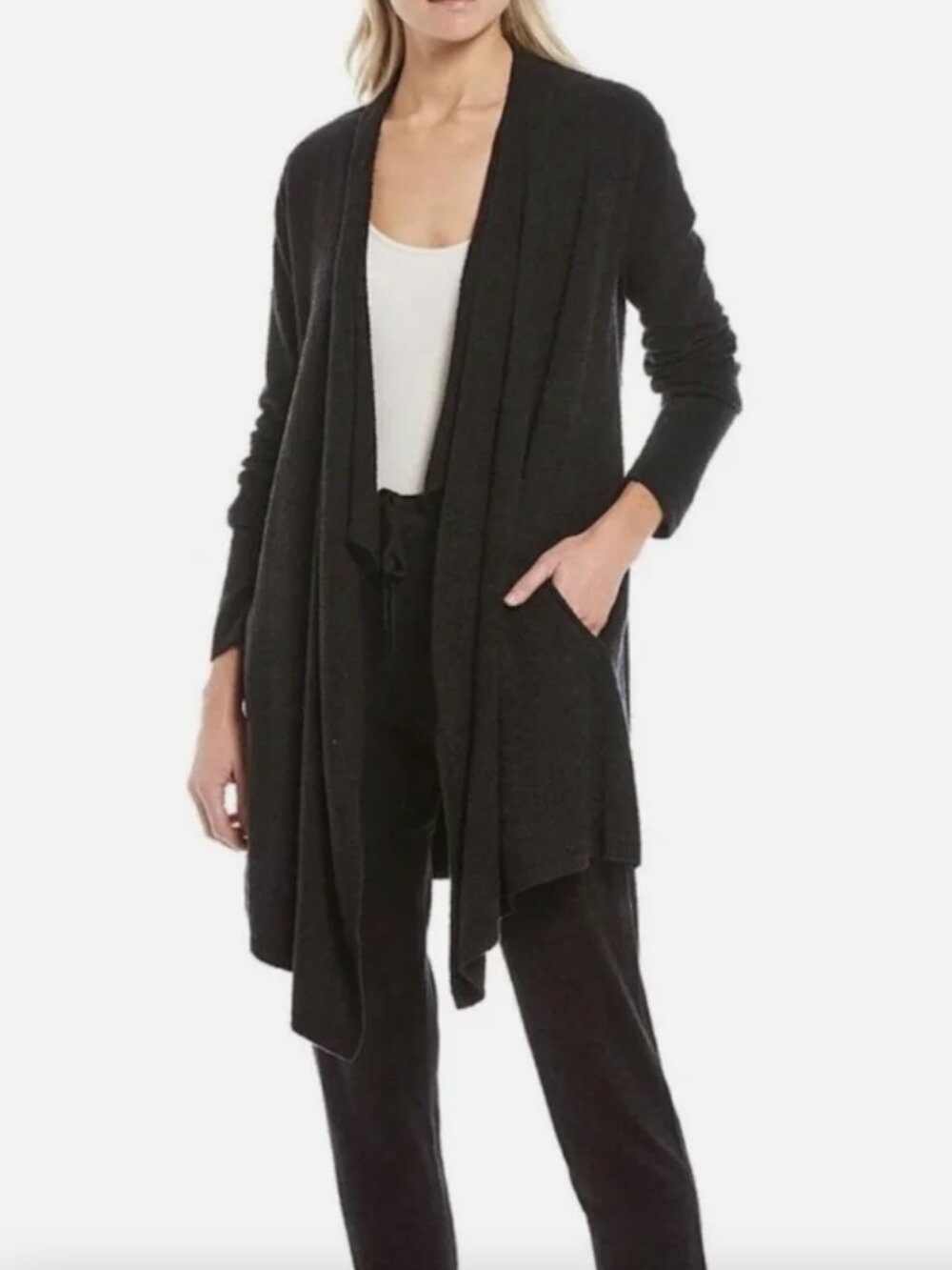 Barefoot Dreams Chic Lite‎ Cardigan S/M Black Bamboo Drape Front Buttery Soft